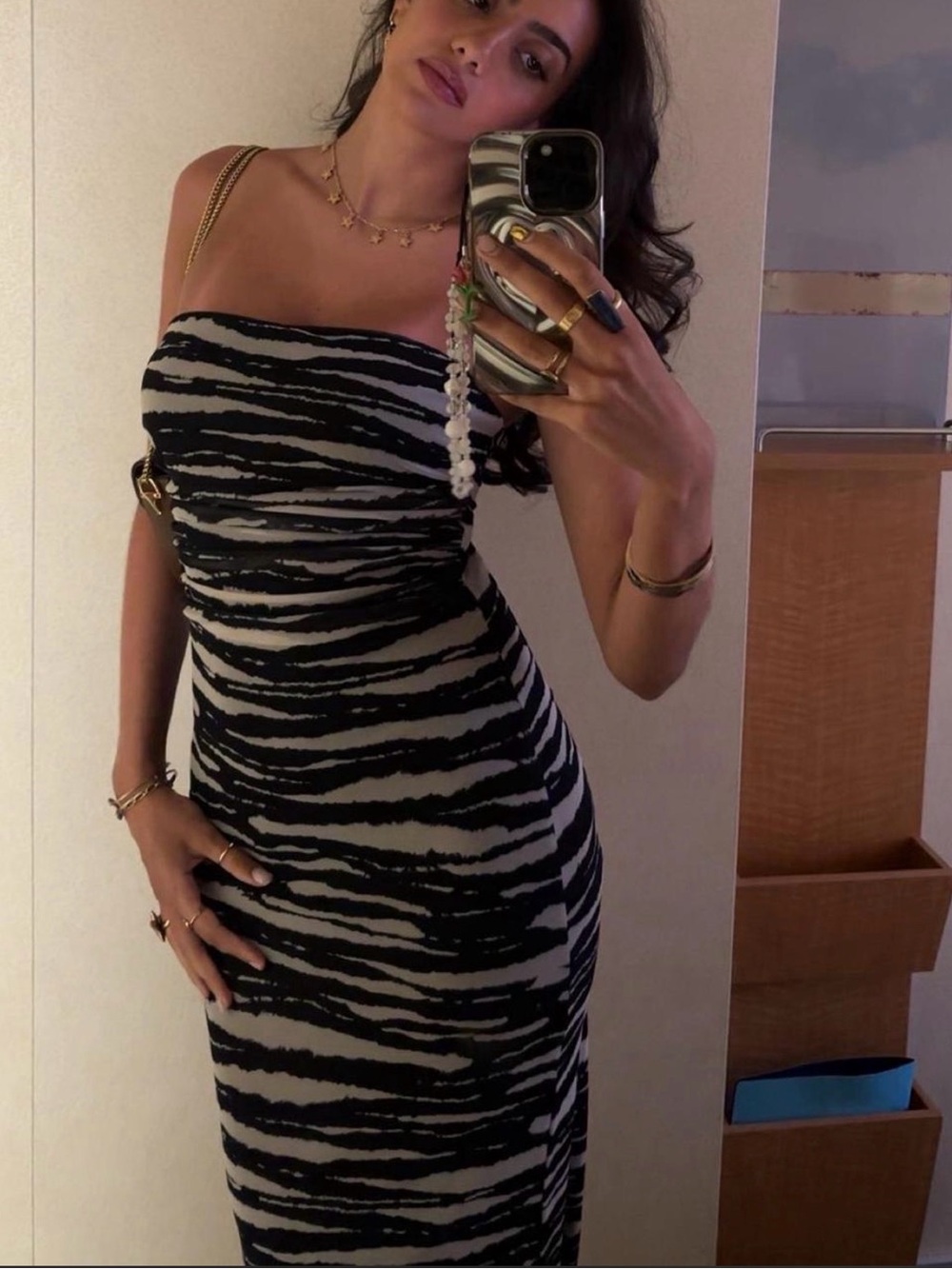 Zara Strapless Zebra-Print Midi Dress in Black and White
